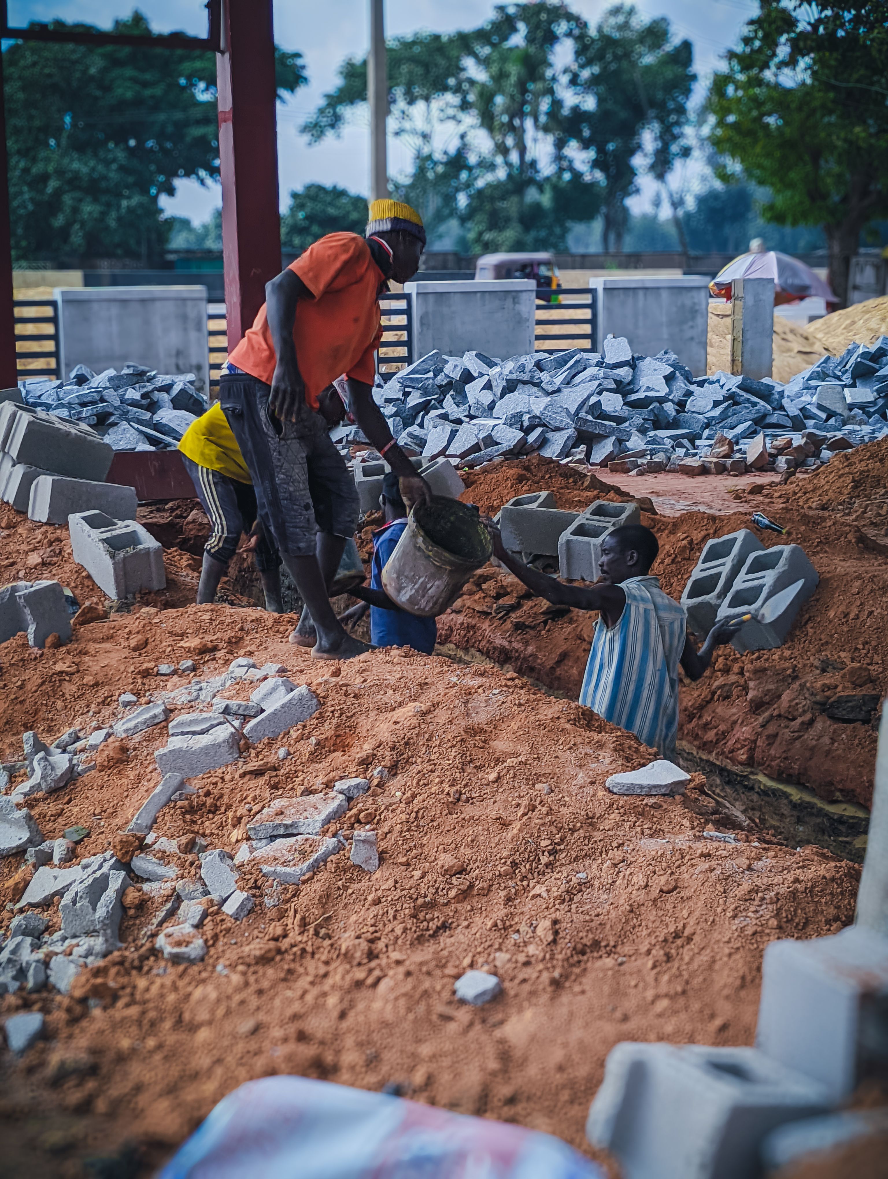Construction workers on a Nigerian building site
